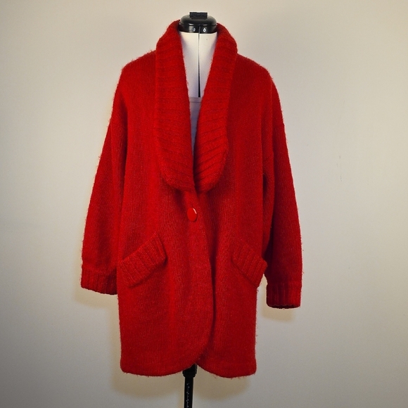 Vintage Red Mohair Sweater Coat / Oversized Shawl Collar Cardigan Jacket - Picture 1 of 6